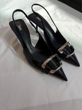 ZARA Black Pointed Slingback Heels with Silver Buckle Detail